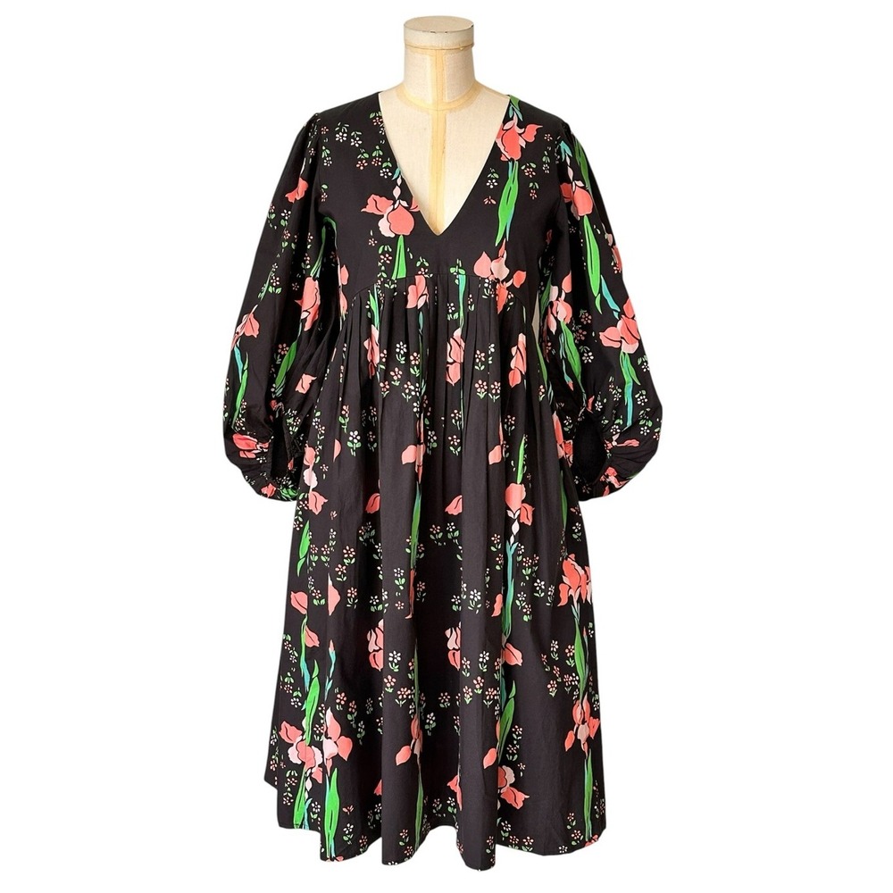 Manoush Iris Puff Sleeve Babydoll Midi‎ Dress Dark Floral Cotton US 2 French 34